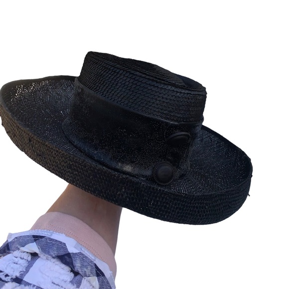 Vintage Whittall & Shon Black Straw Button Detail Made in USA Hat - Picture 12 of 12